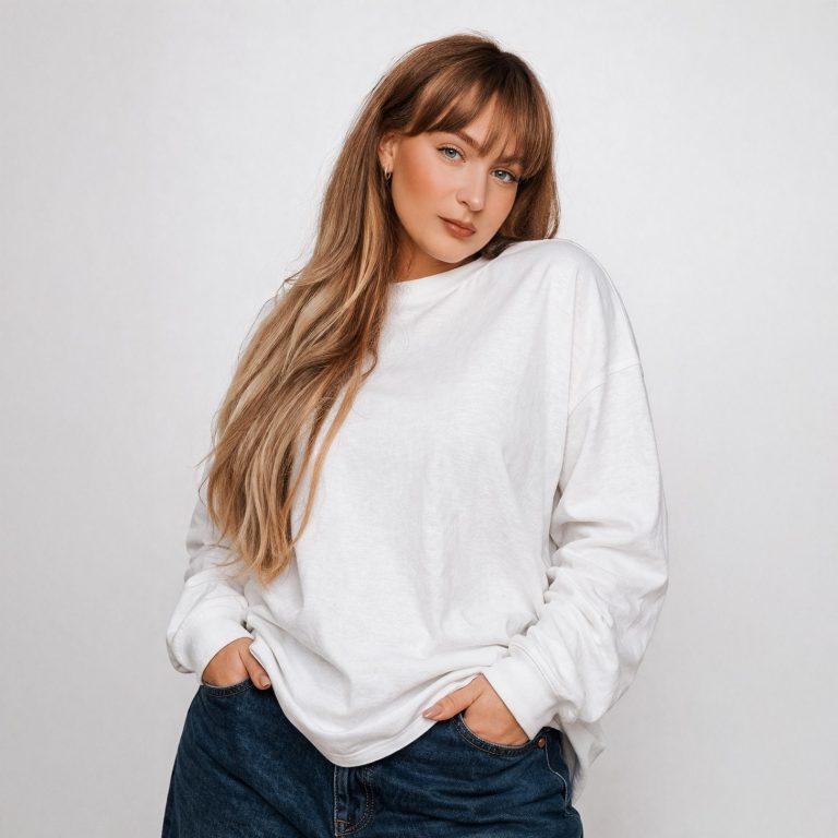 Jonge vrouw met lange, steile blonde haren in een witte trui en blauwe broek.