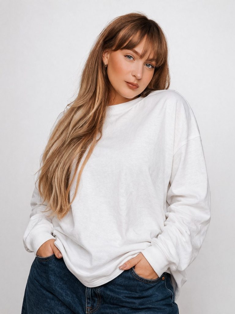 Vrouw met lang, steil haar in witte trui en blauwe jeans, glimlachend naar de camera.